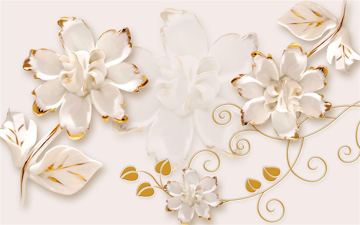 Fotobehang Sneeuwwitte rozen met goud