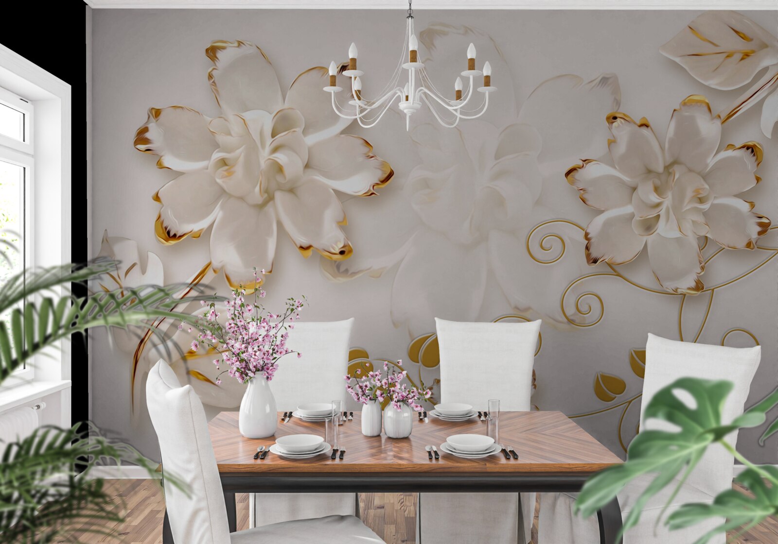 Fotobehang Sneeuwwitte rozen met goud