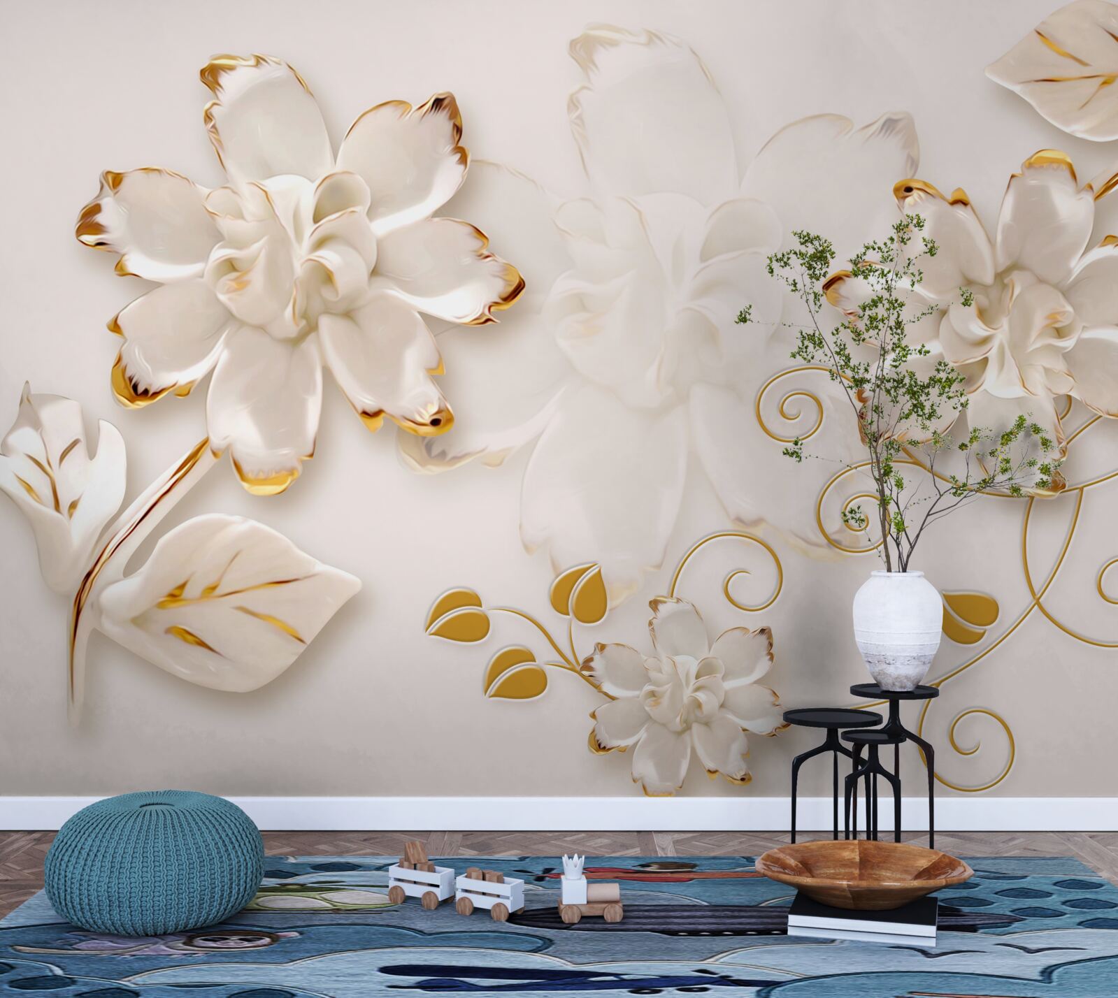 Fotobehang Sneeuwwitte rozen met goud