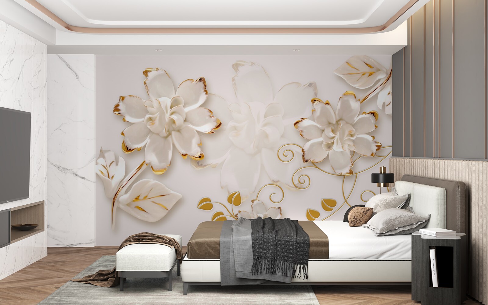 Fotobehang Sneeuwwitte rozen met goud