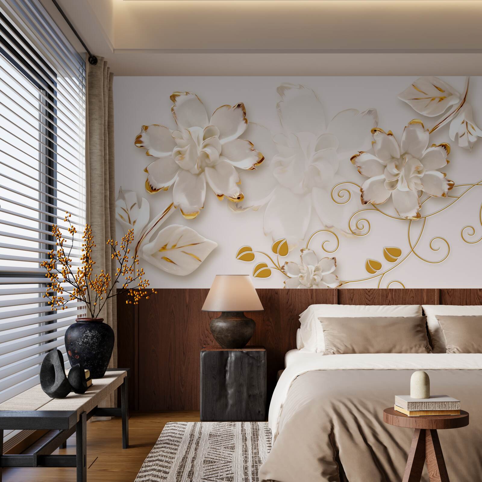 Fotobehang Sneeuwwitte rozen met goud