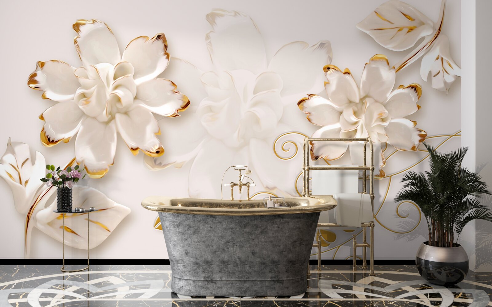 Fotobehang Sneeuwwitte rozen met goud