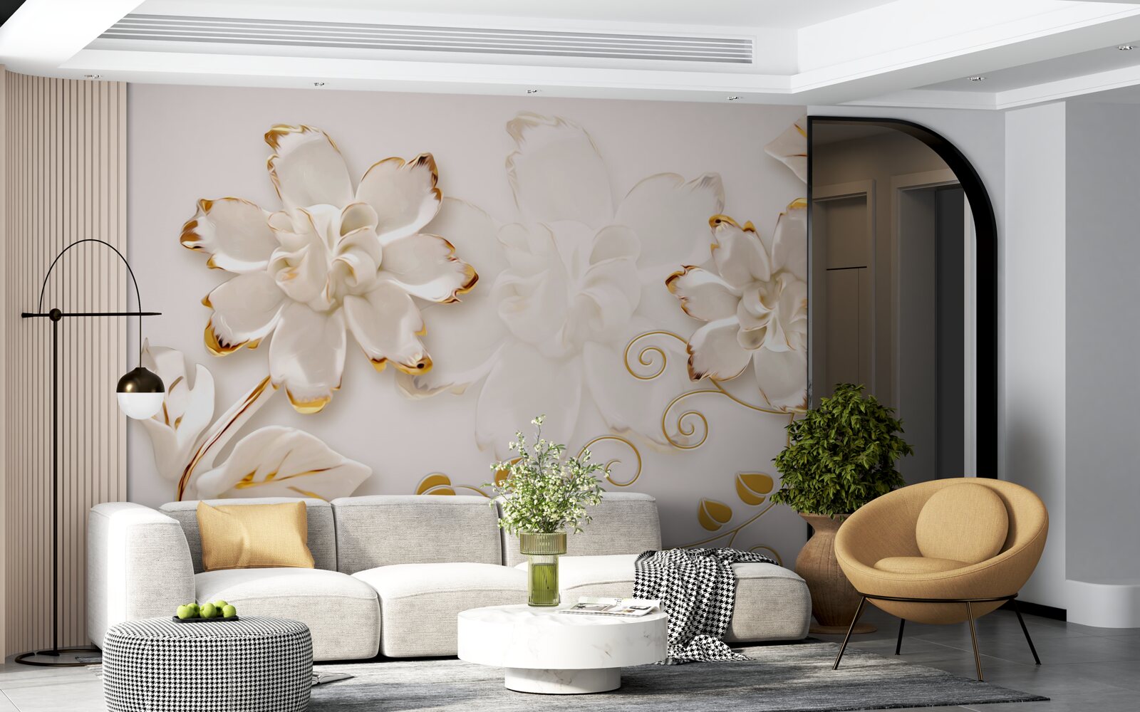 Fotobehang Sneeuwwitte rozen met goud