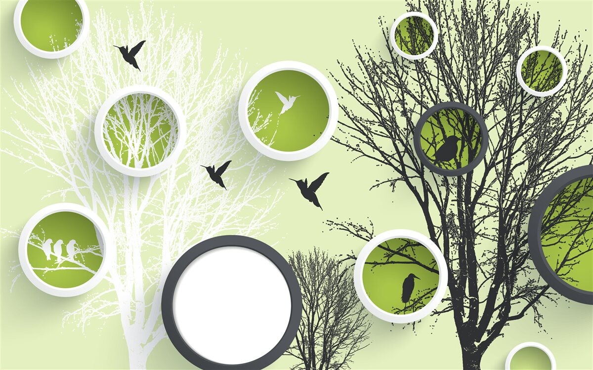 Fotobehang bomen met vogels in zwart-wit