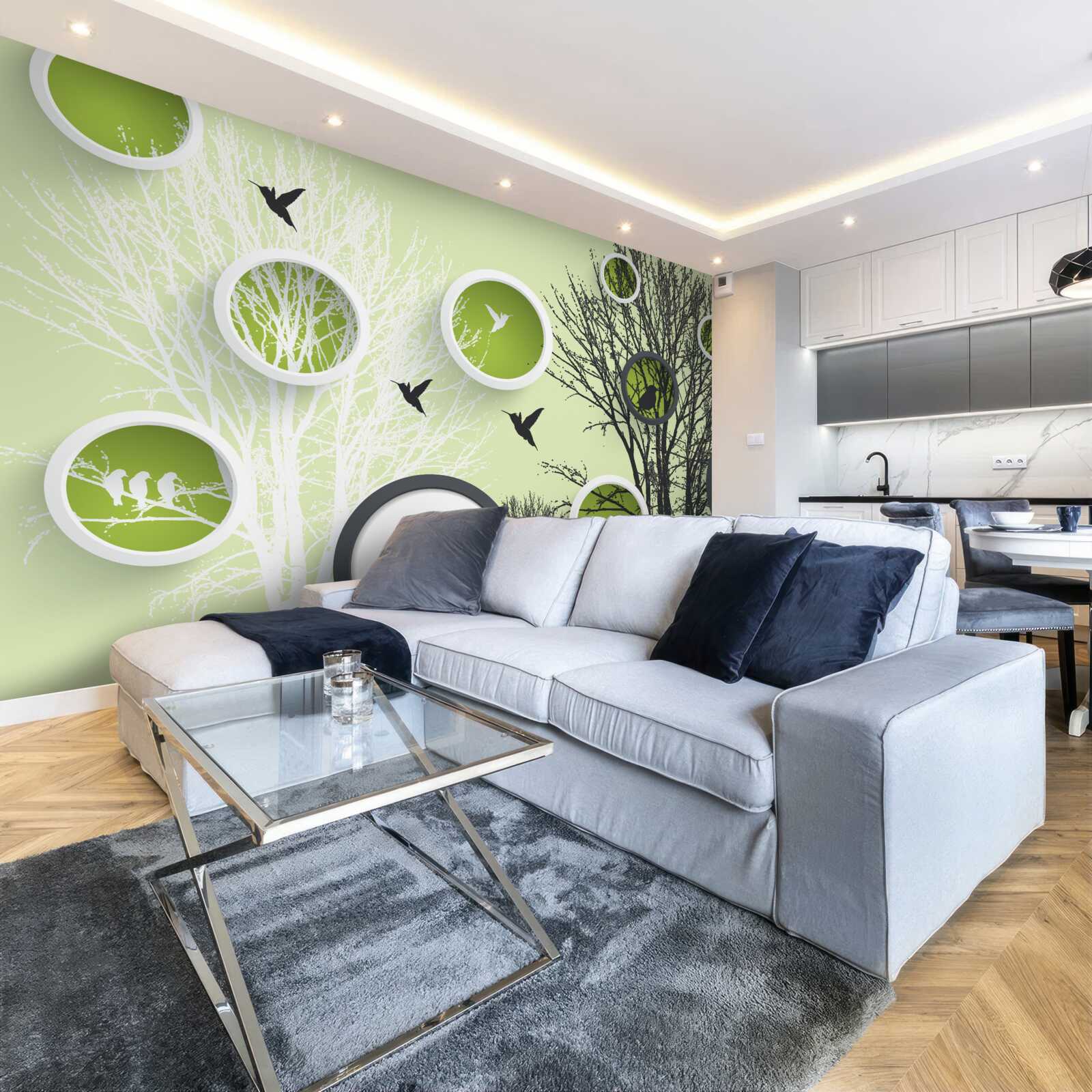 Fotobehang bomen met vogels in zwart-wit