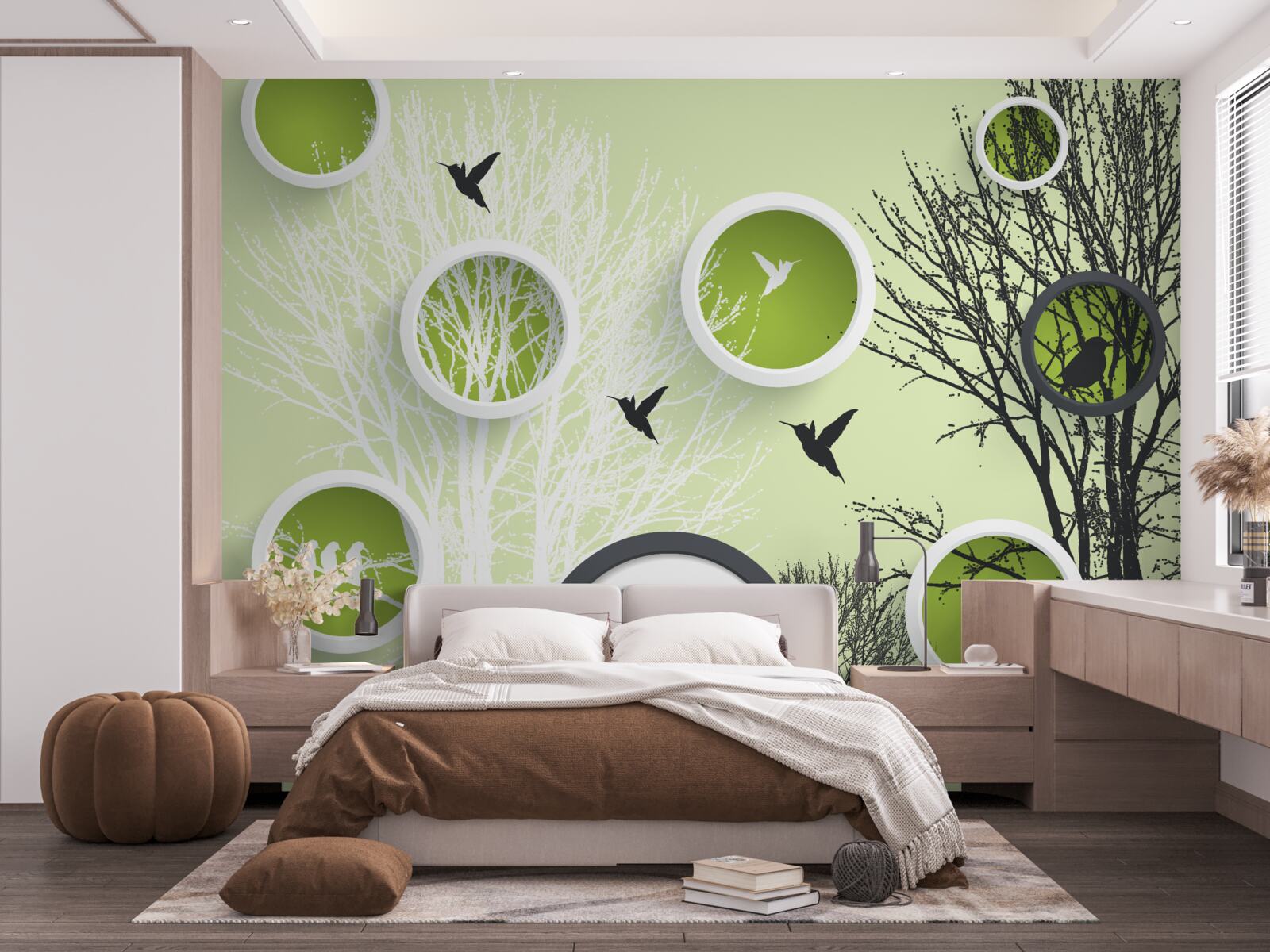 Fotobehang bomen met vogels in zwart-wit