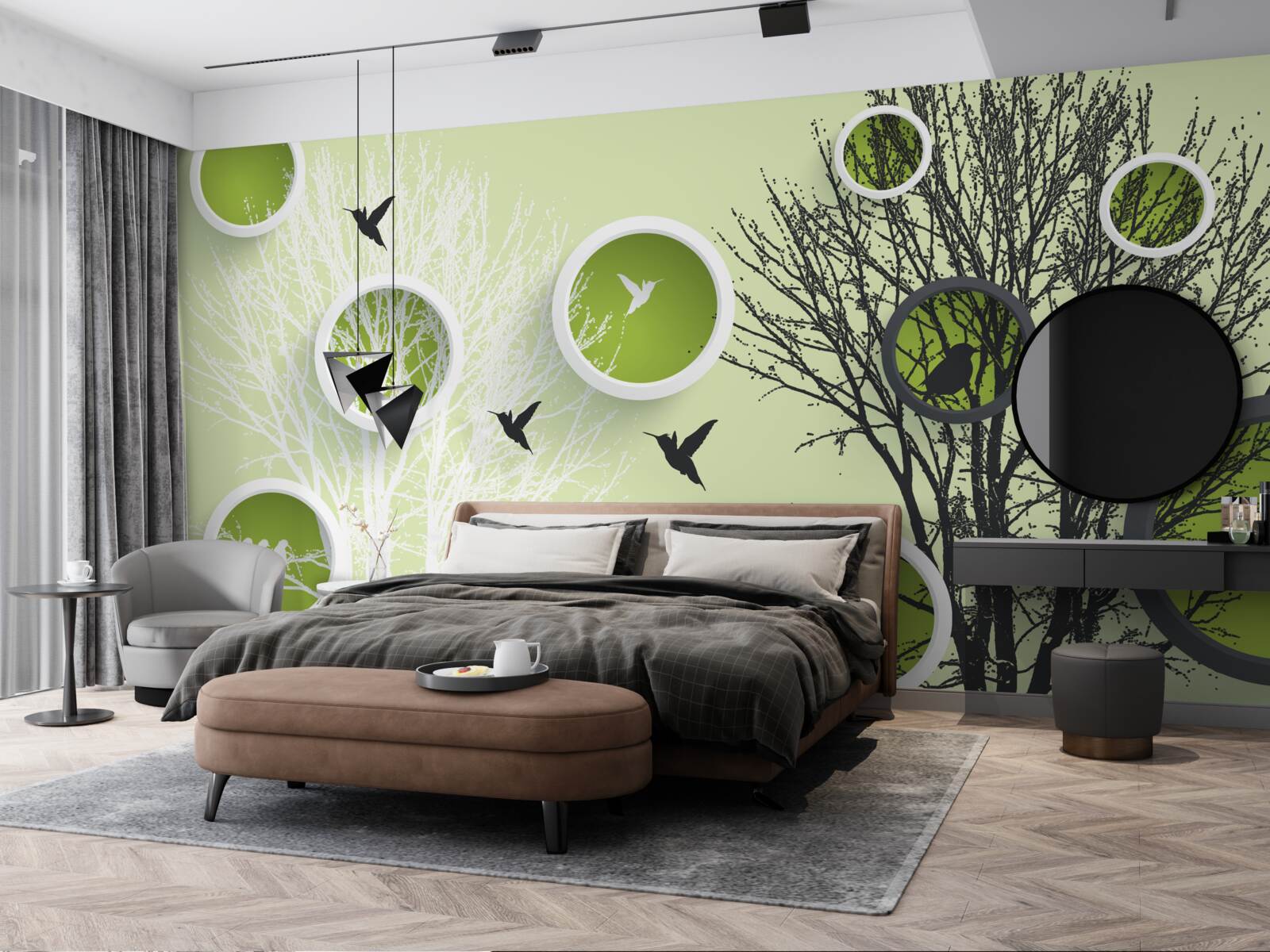 Fotobehang bomen met vogels in zwart-wit