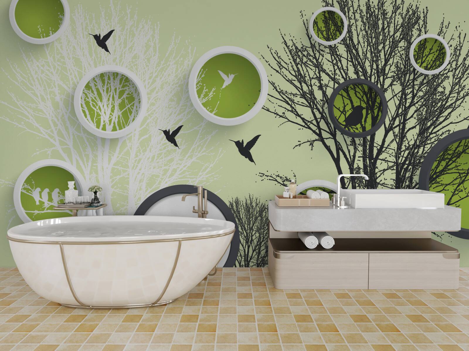 Fotobehang bomen met vogels in zwart-wit