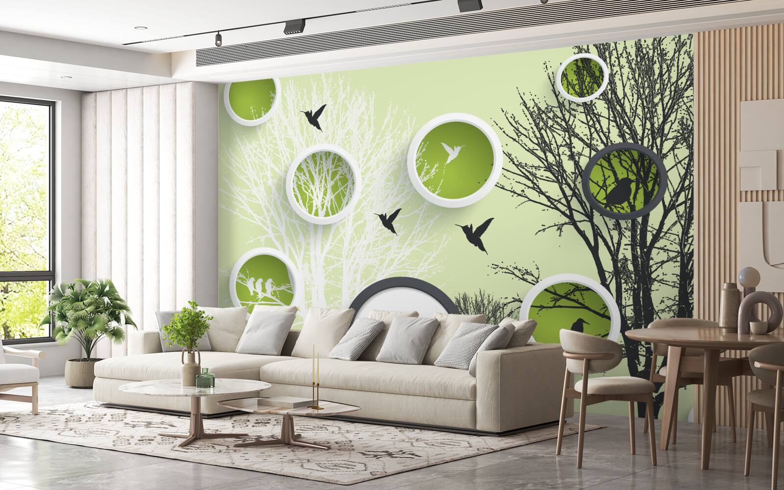 Fotobehang bomen met vogels in zwart-wit