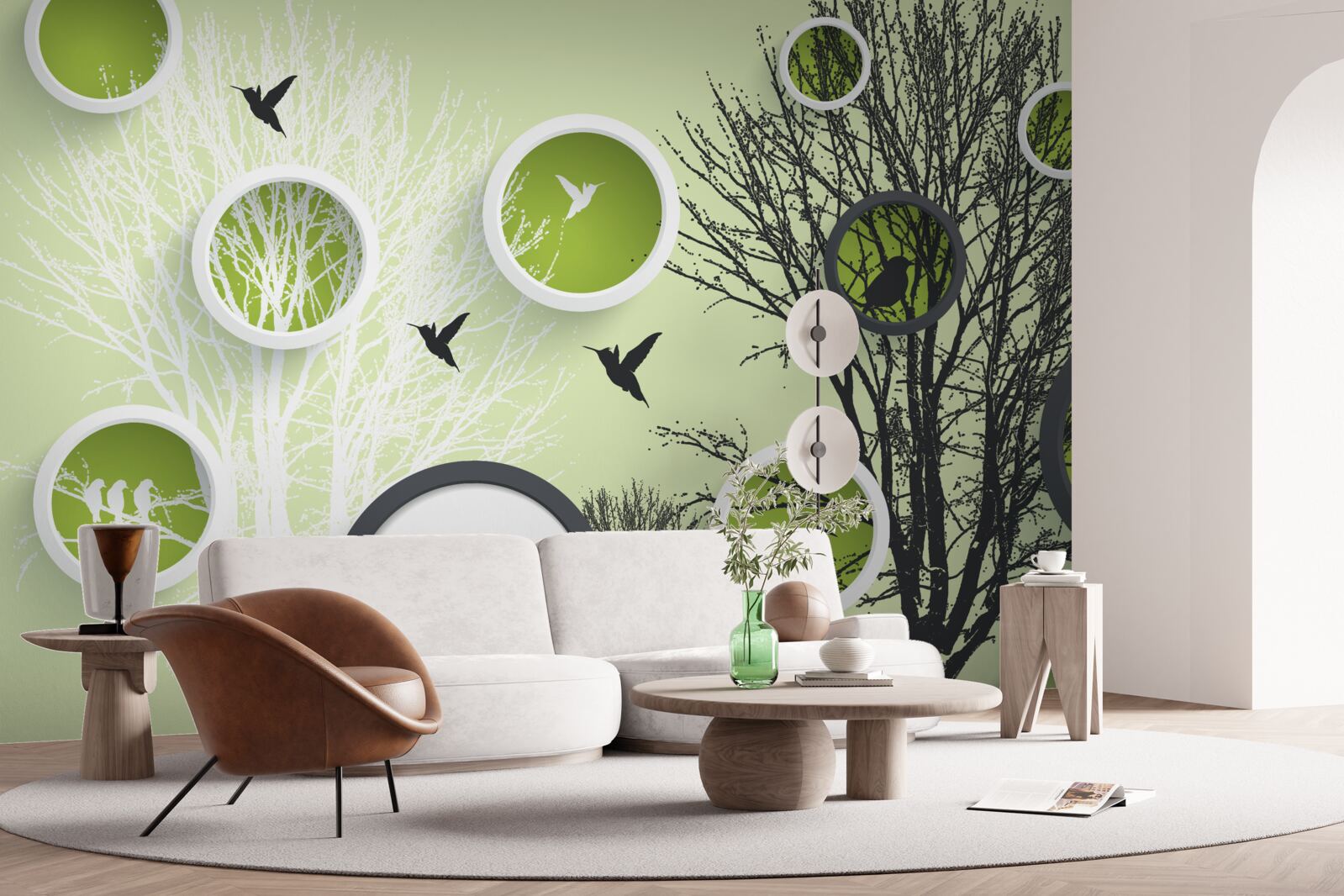 Fotobehang bomen met vogels in zwart-wit