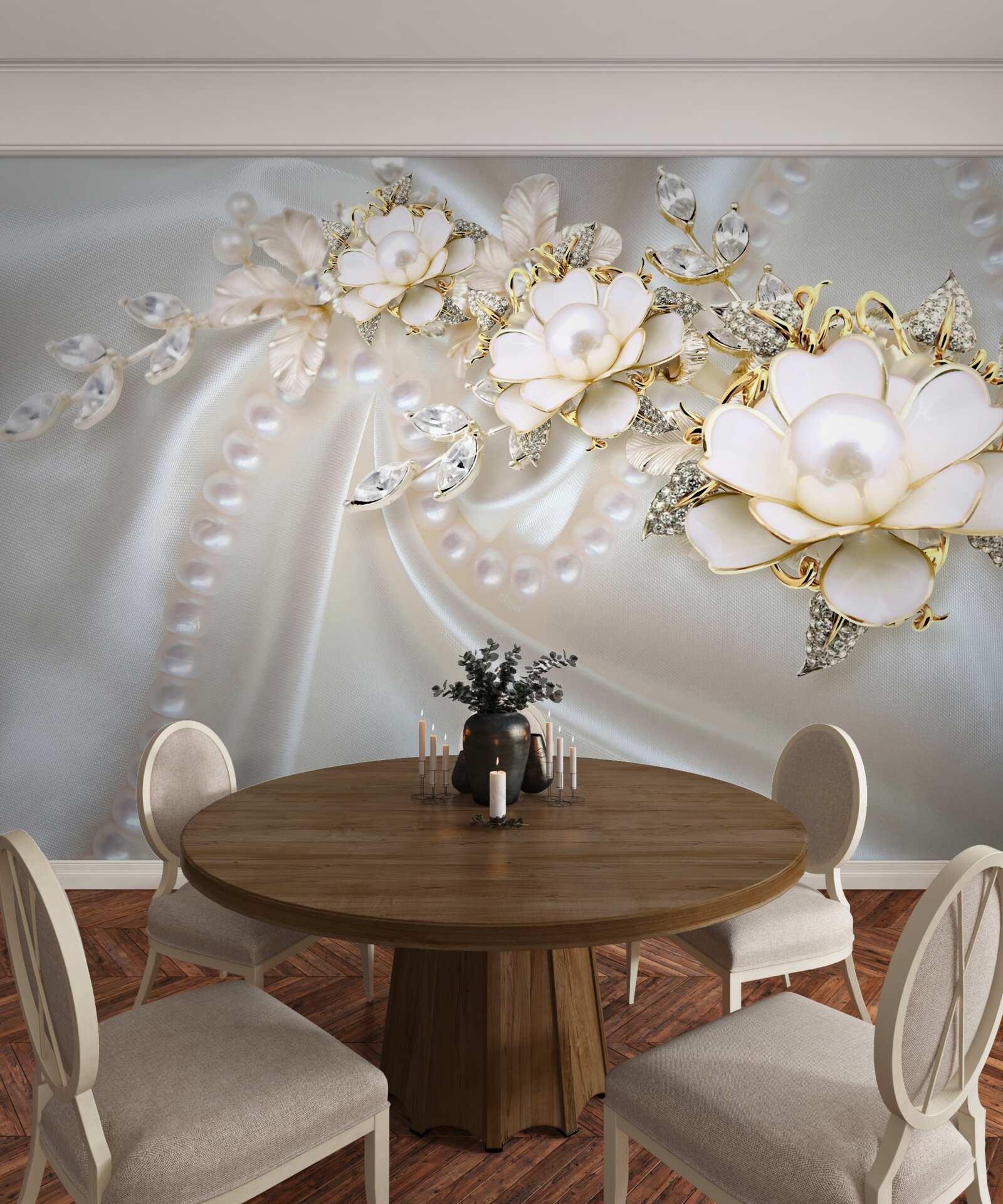 Fotobehang parels op zijde zijn versierd met rozen