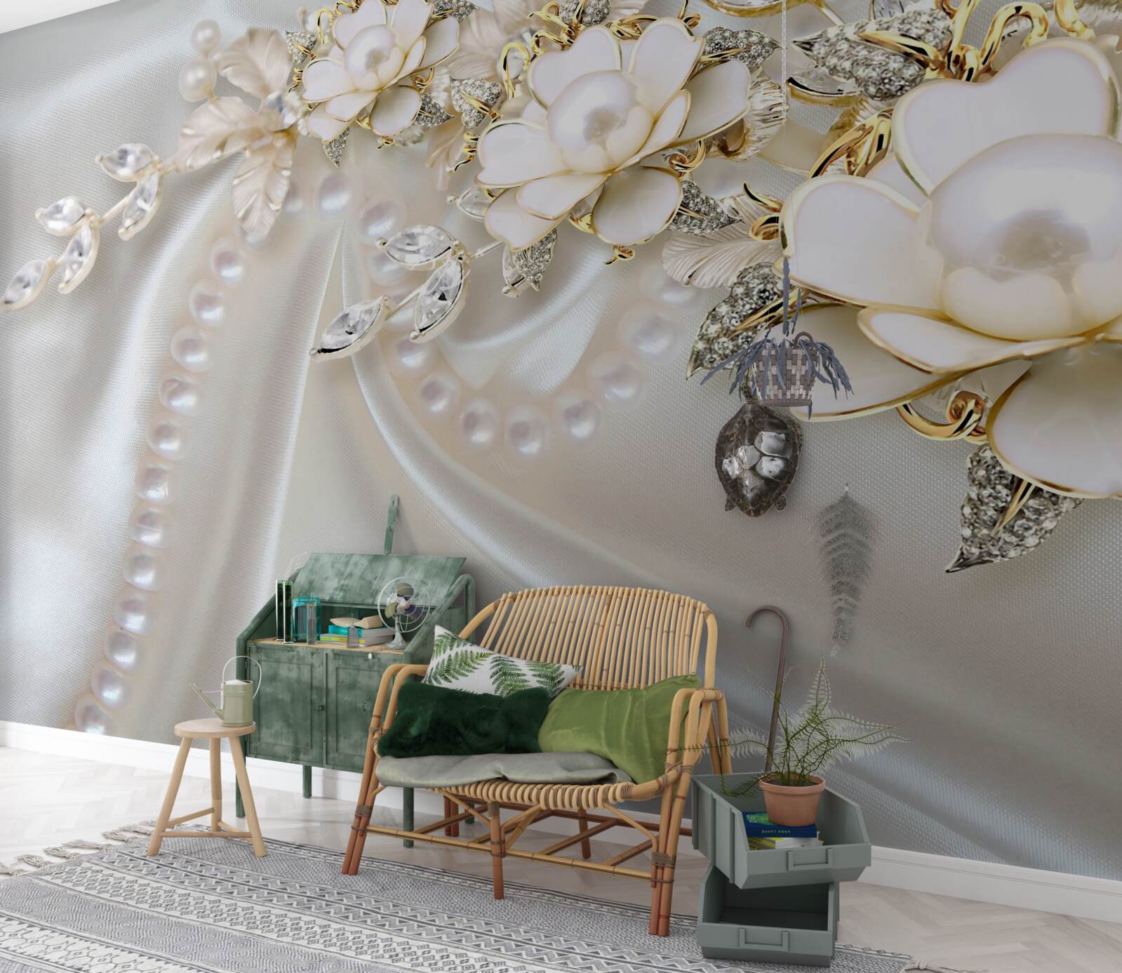 Fotobehang parels op zijde zijn versierd met rozen