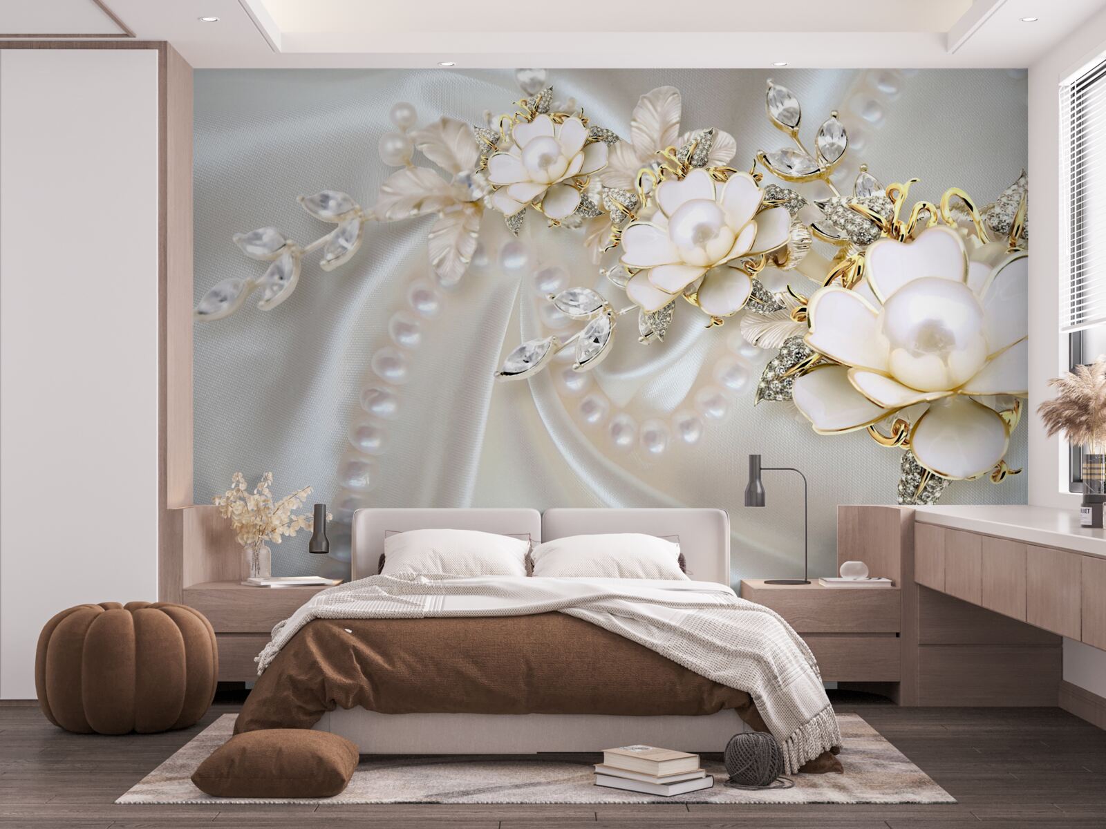 Fotobehang parels op zijde zijn versierd met rozen