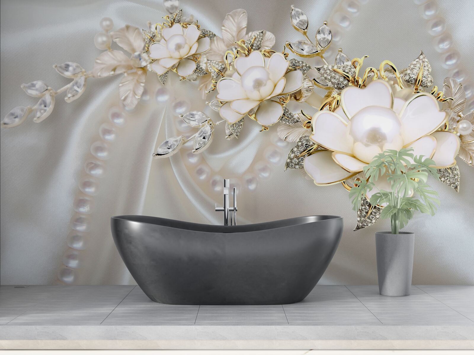 Fotobehang parels op zijde zijn versierd met rozen