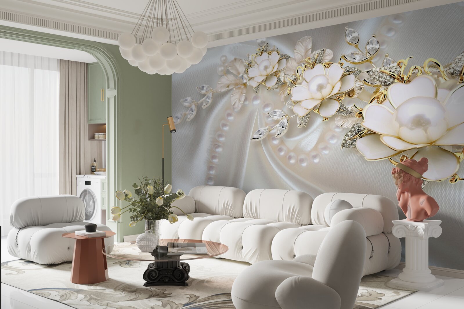 Fotobehang parels op zijde zijn versierd met rozen