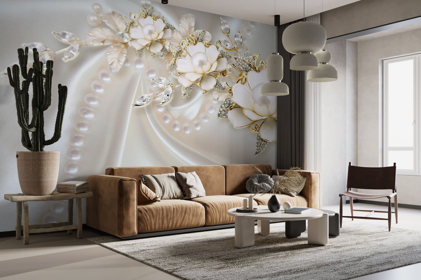 Fotobehang parels op zijde zijn versierd met rozen