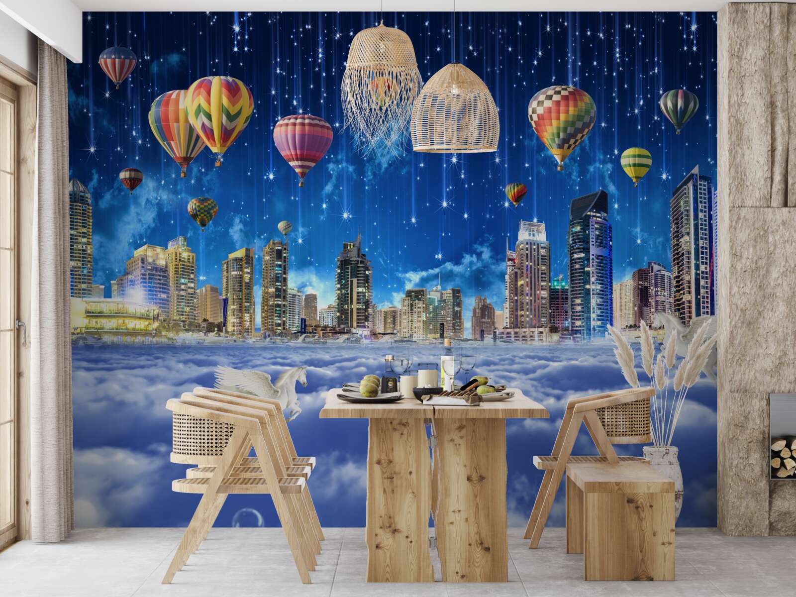 Fotobehang de nachtelijke stad is versierd met ballonnen