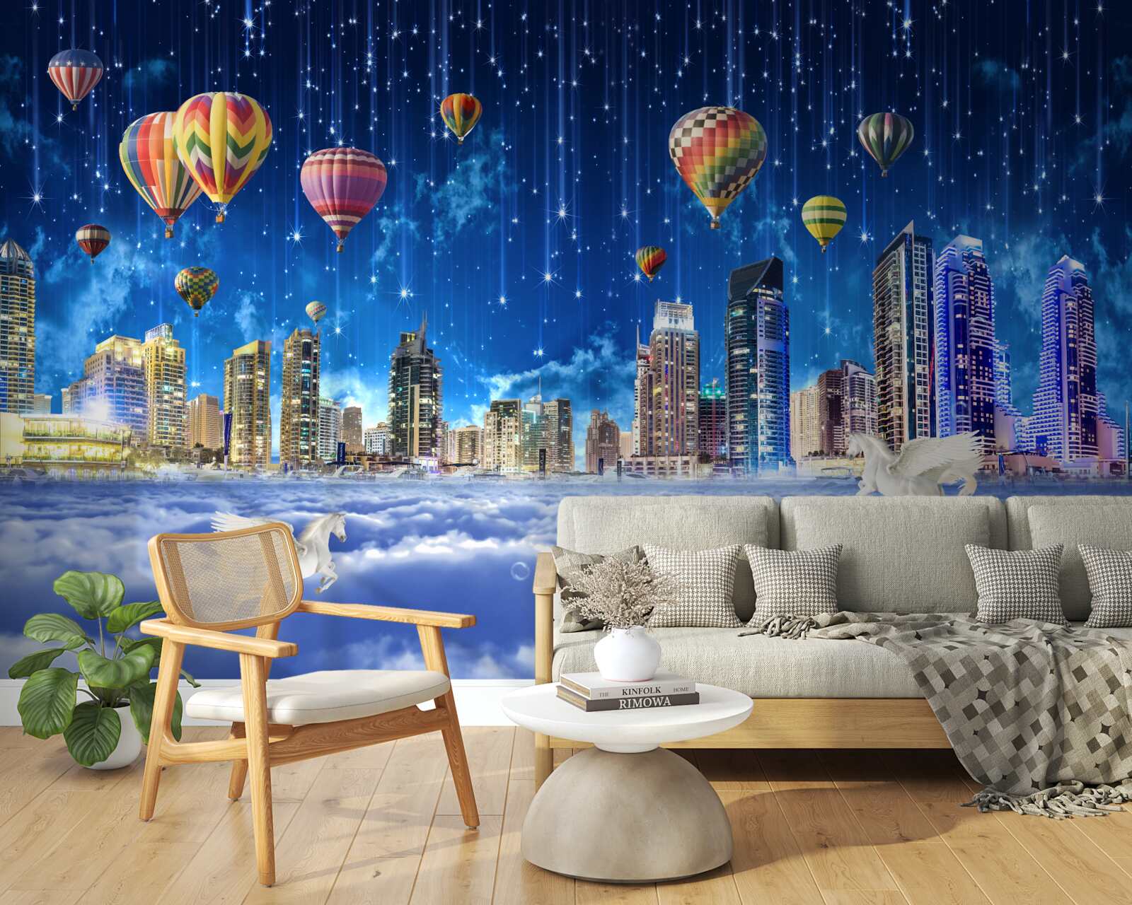 Fotobehang de nachtelijke stad is versierd met ballonnen