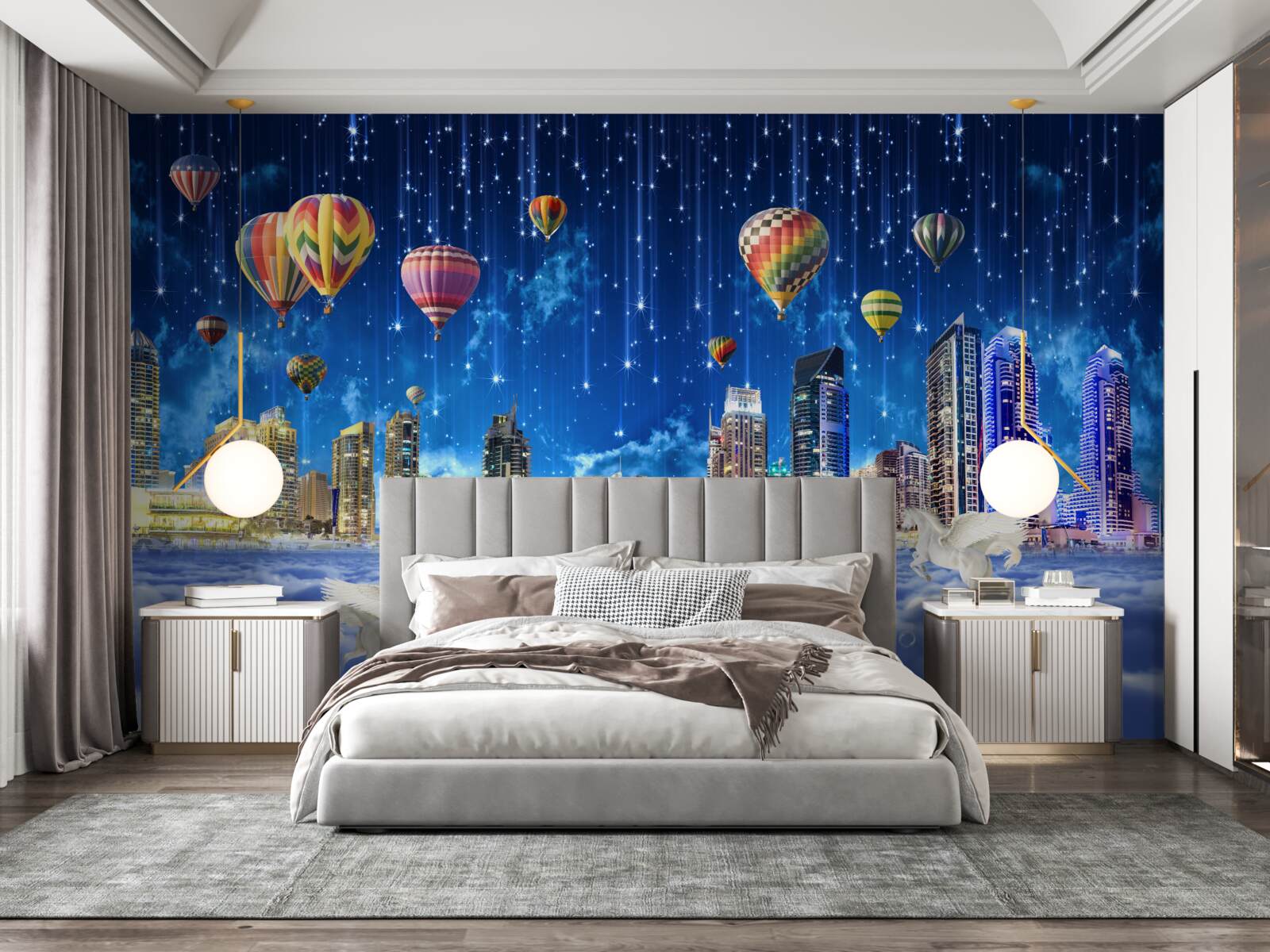 Fotobehang de nachtelijke stad is versierd met ballonnen