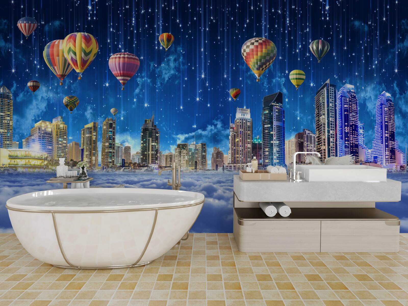 Fotobehang de nachtelijke stad is versierd met ballonnen