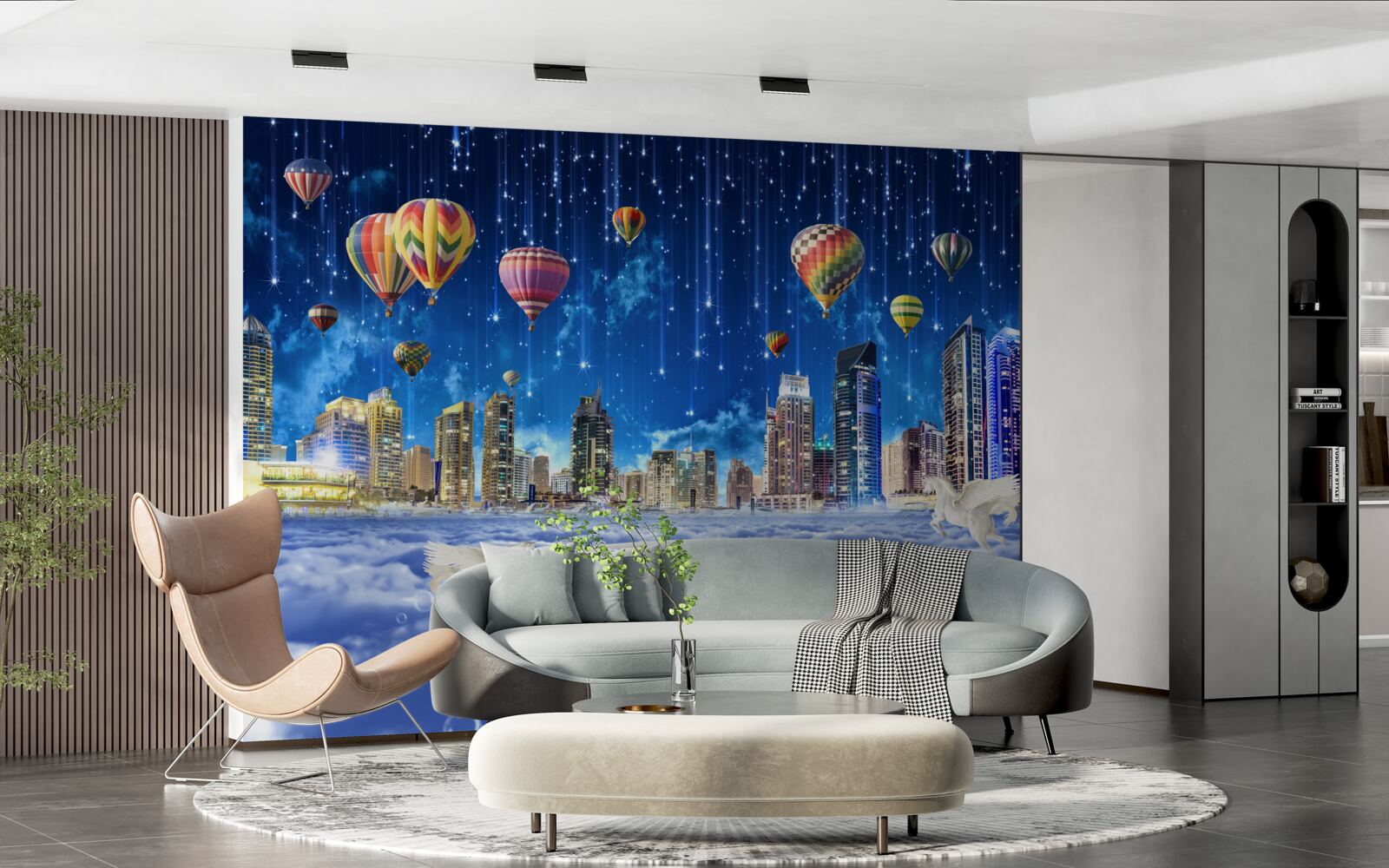 Fotobehang de nachtelijke stad is versierd met ballonnen