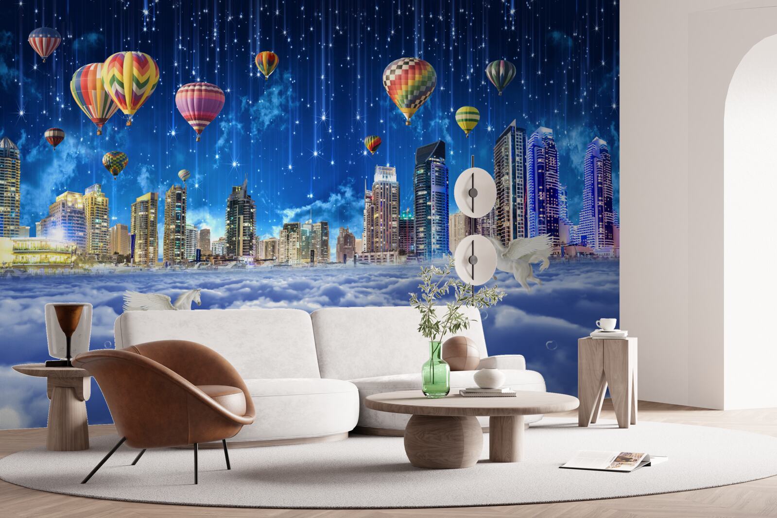 Fotobehang de nachtelijke stad is versierd met ballonnen