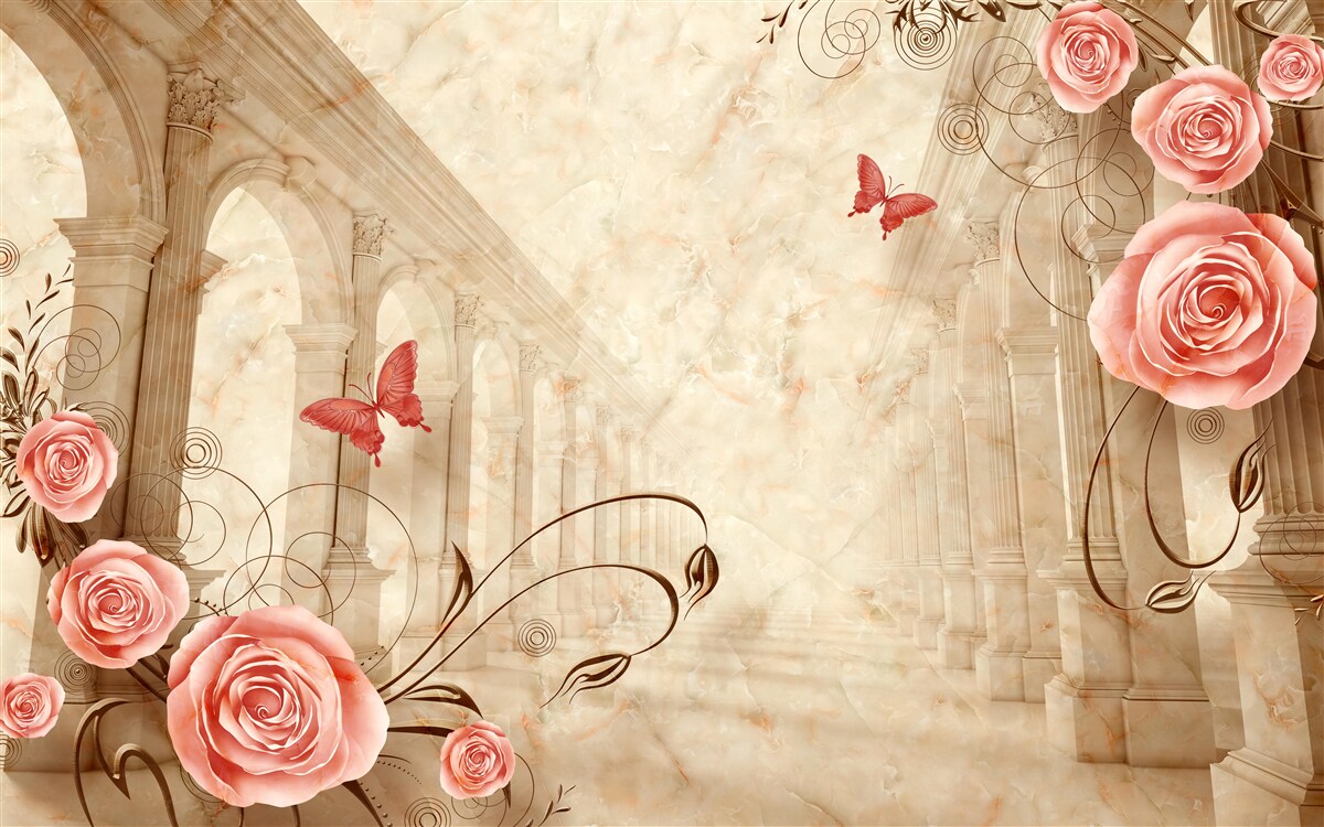 Fotobehang op de achtergrond van de bogen staan vlinders en roze rozen
