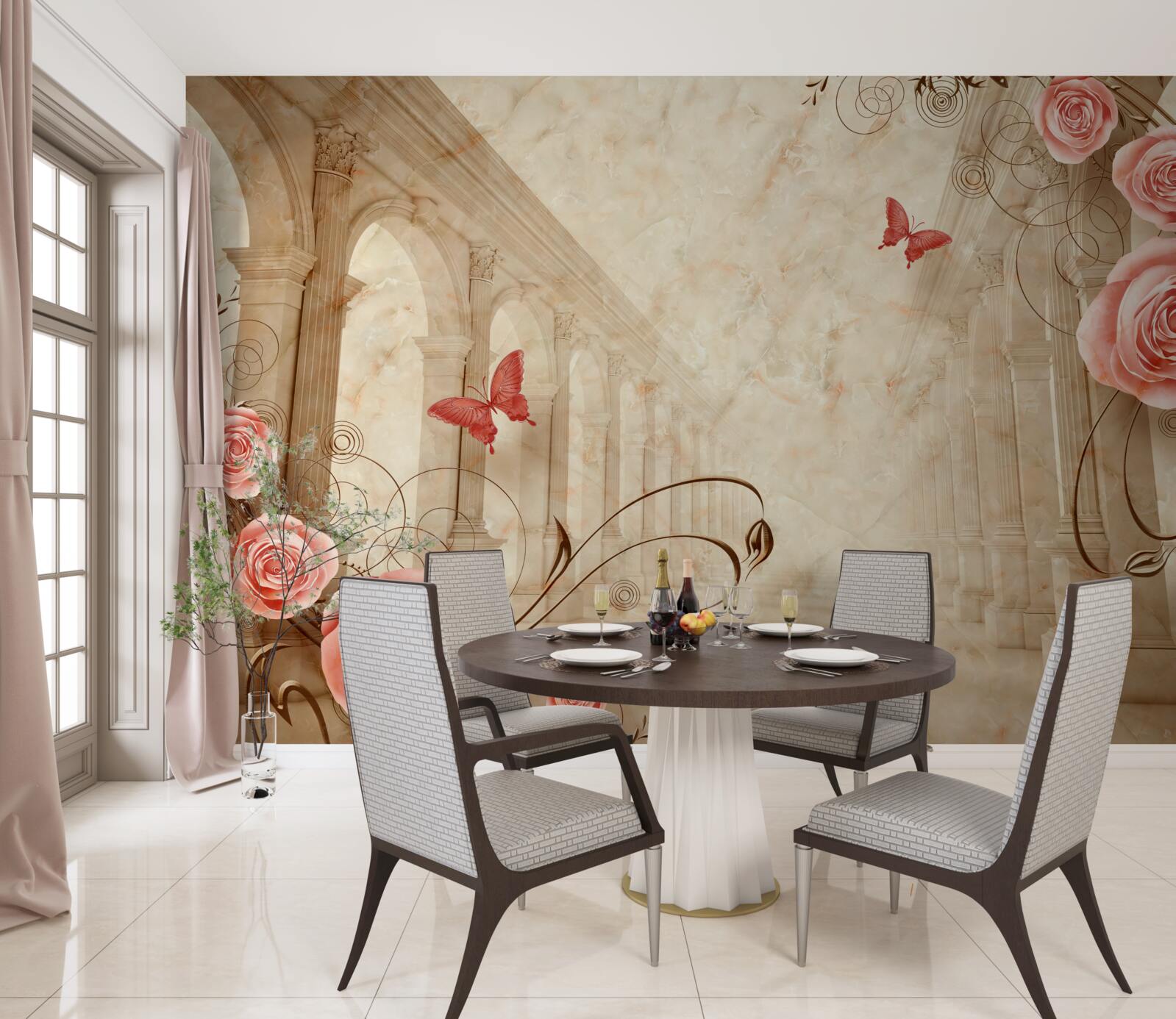 Fotobehang op de achtergrond van de bogen staan vlinders en roze rozen