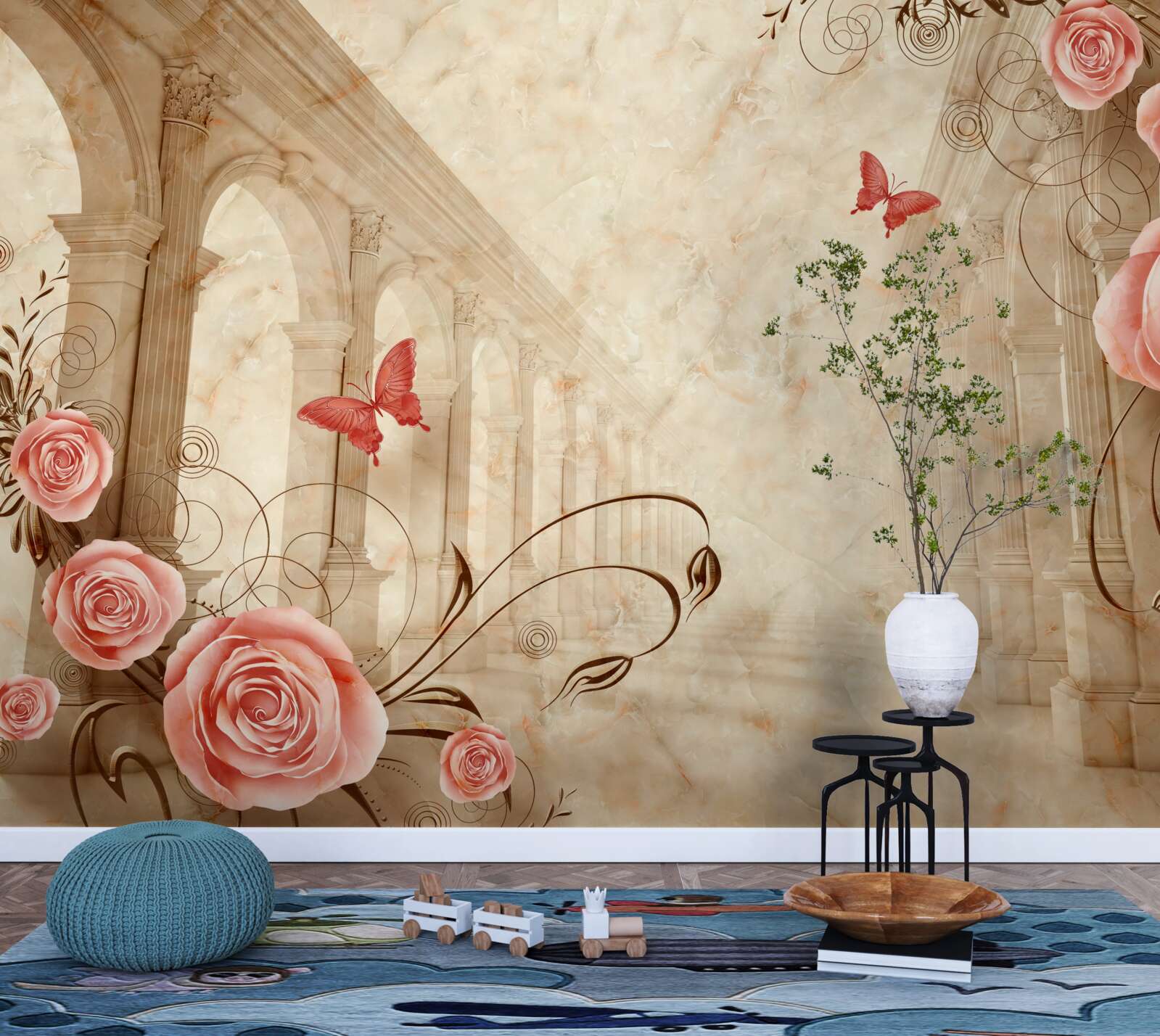 Fotobehang op de achtergrond van de bogen staan vlinders en roze rozen