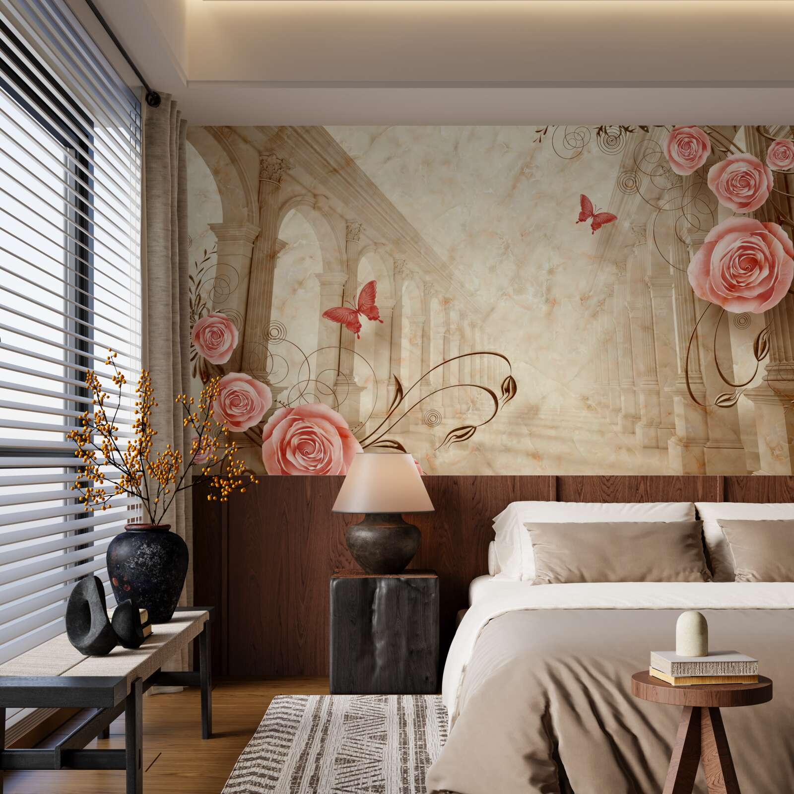 Fotobehang op de achtergrond van de bogen staan vlinders en roze rozen