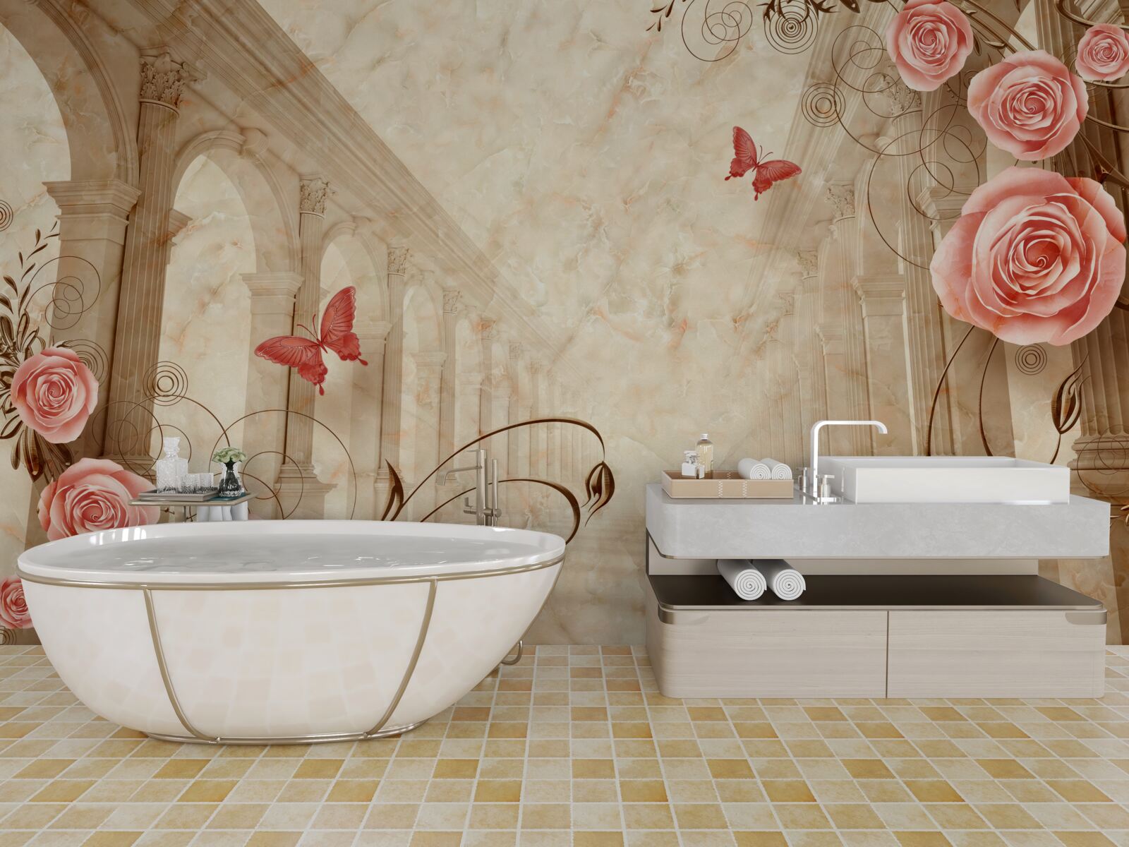 Fotobehang op de achtergrond van de bogen staan vlinders en roze rozen