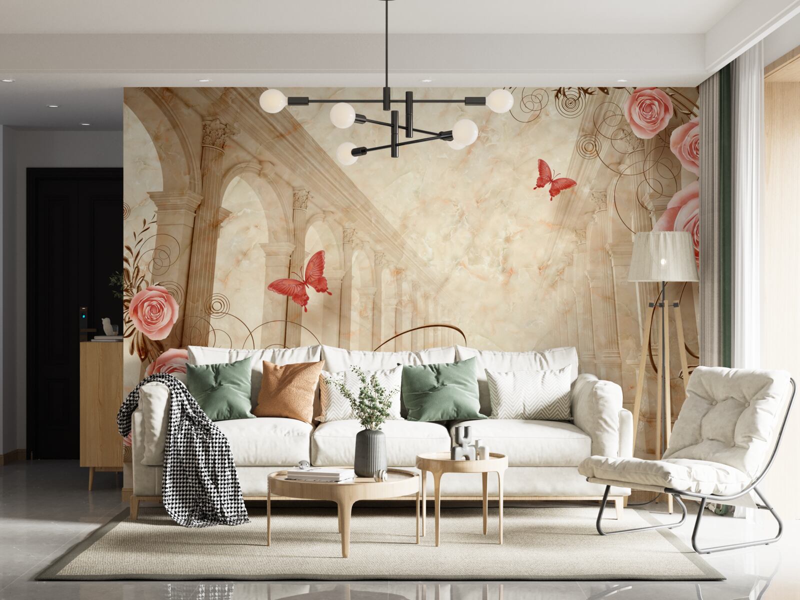 Fotobehang op de achtergrond van de bogen staan vlinders en roze rozen