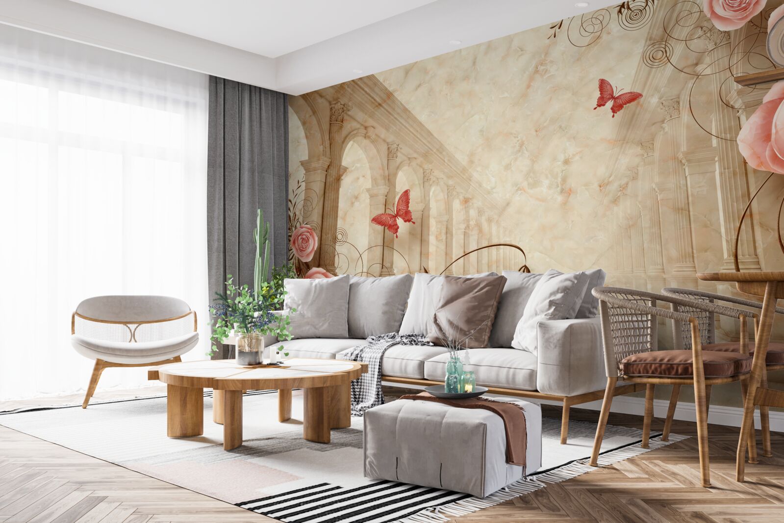 Fotobehang op de achtergrond van de bogen staan vlinders en roze rozen