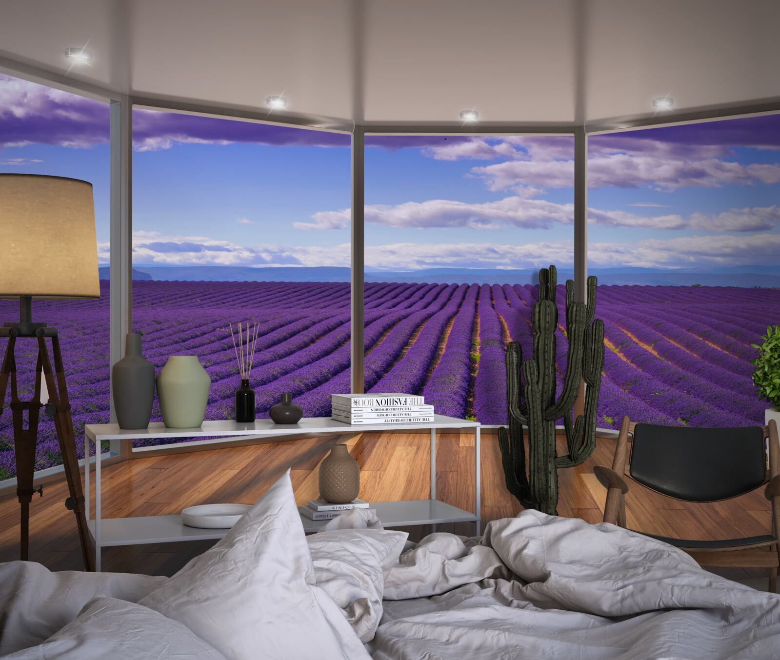 Fotobehang uitzicht op het lavendelveld direct vanaf het balkon