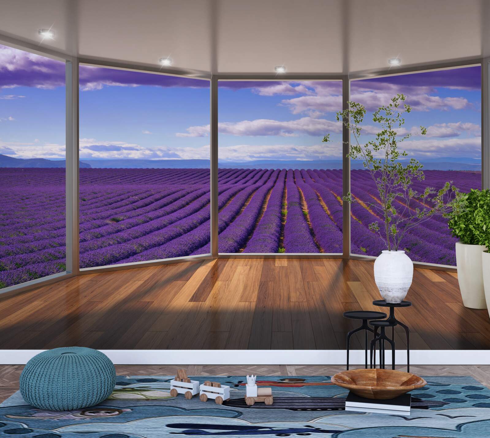 Fotobehang uitzicht op het lavendelveld direct vanaf het balkon