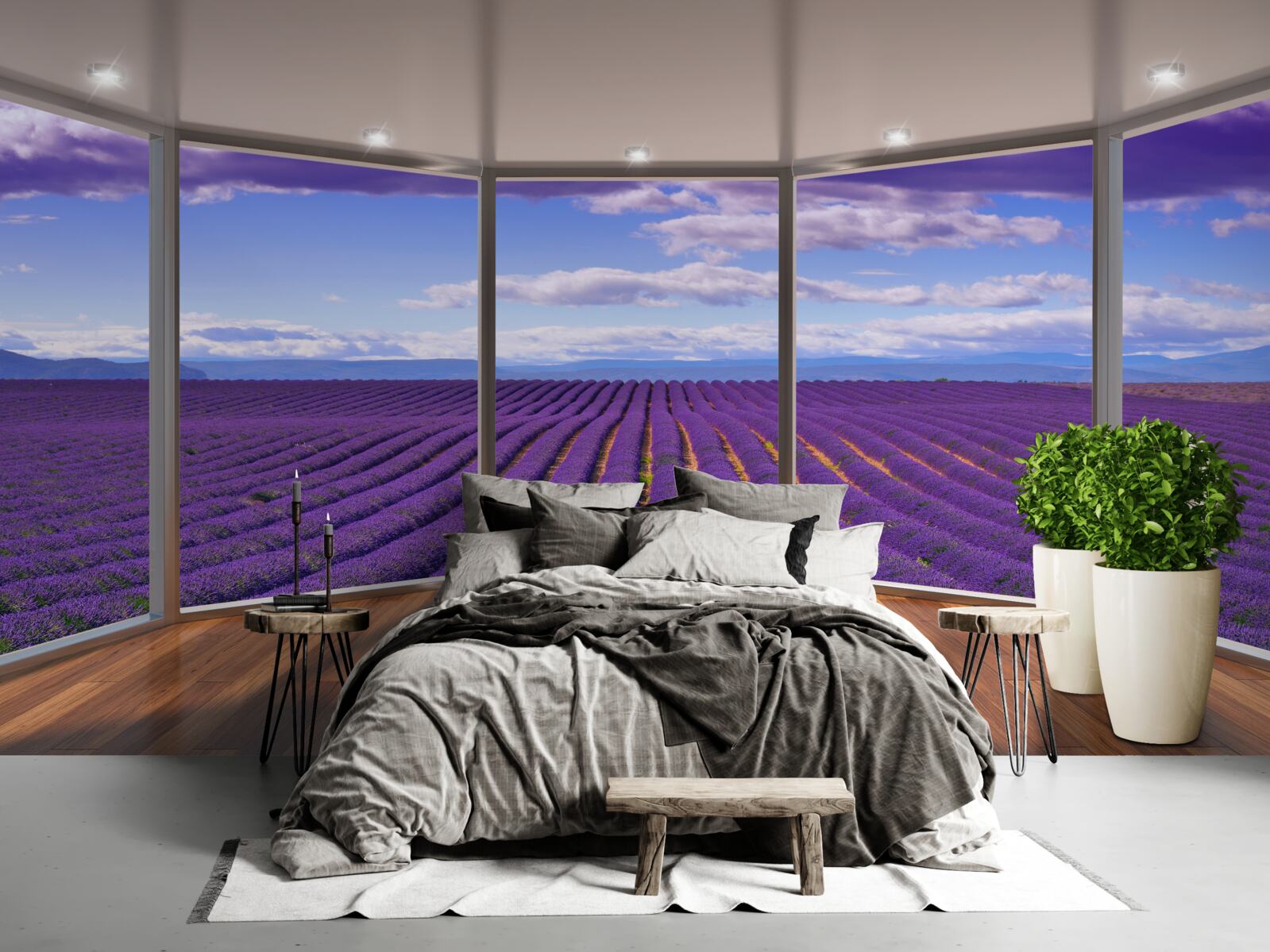 Fotobehang uitzicht op het lavendelveld direct vanaf het balkon