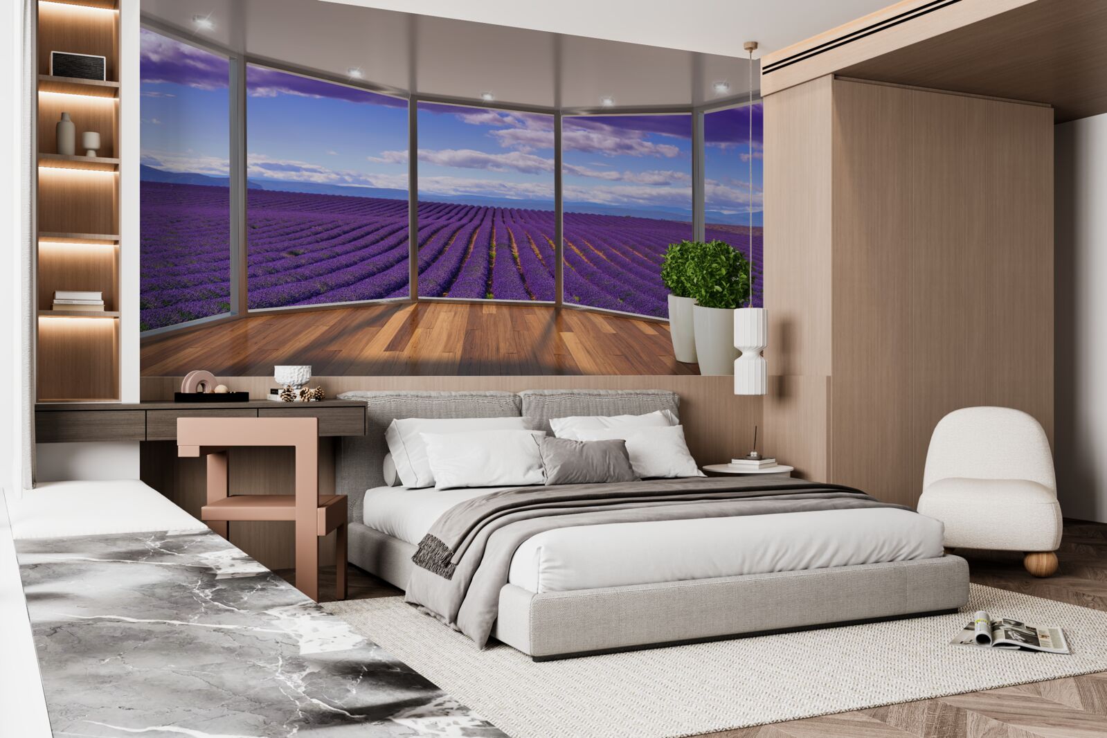 Fotobehang uitzicht op het lavendelveld direct vanaf het balkon