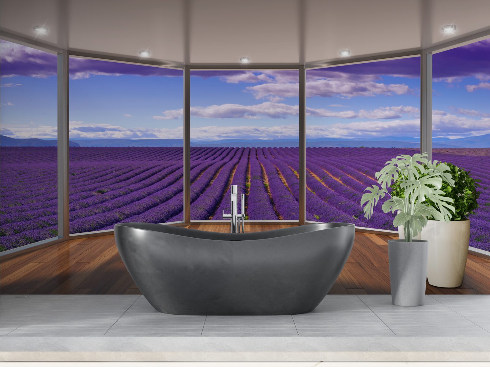 Fotobehang uitzicht op het lavendelveld direct vanaf het balkon