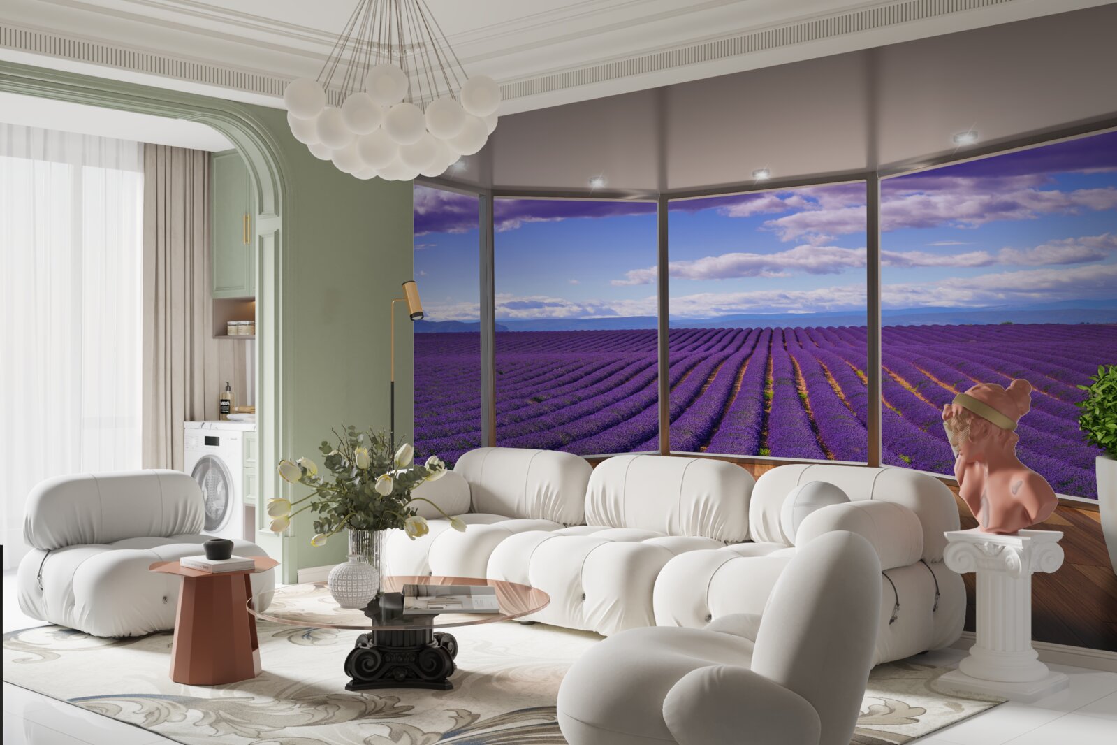 Fotobehang uitzicht op het lavendelveld direct vanaf het balkon