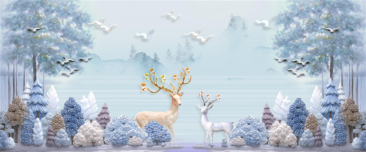 Fotobehang tussen de bomen en de bergen staan de herten in de wei