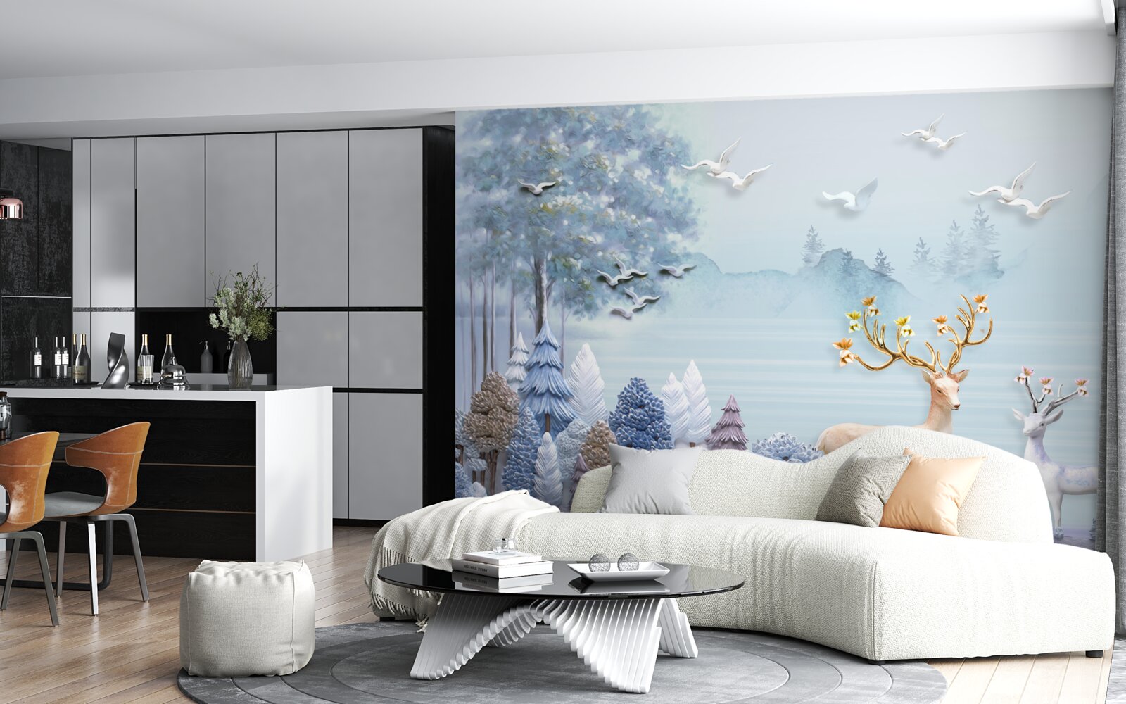 Fotobehang tussen de bomen en de bergen staan de herten in de wei