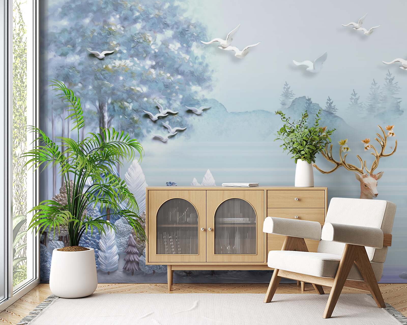 Fotobehang tussen de bomen en de bergen staan de herten in de wei