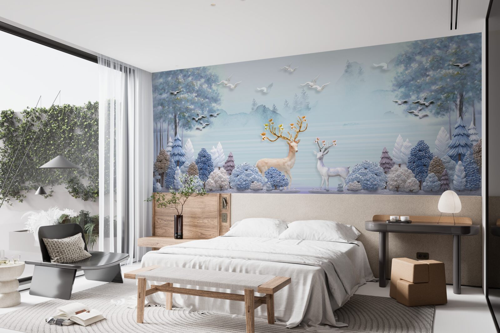 Fotobehang tussen de bomen en de bergen staan de herten in de wei