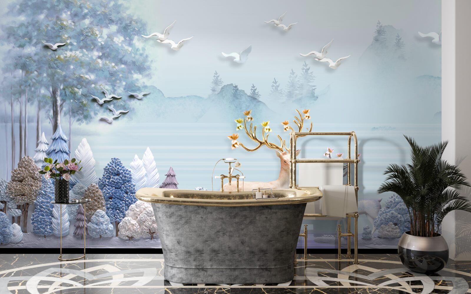 Fotobehang tussen de bomen en de bergen staan de herten in de wei