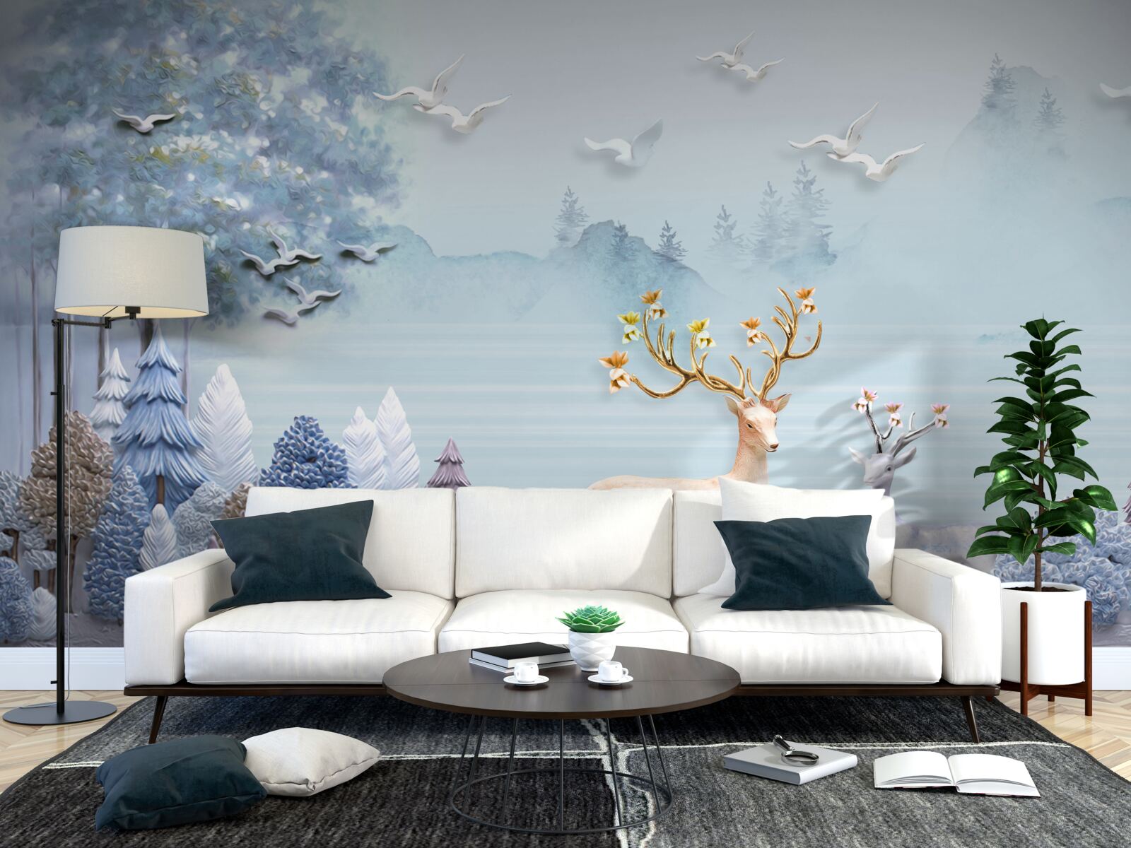 Fotobehang tussen de bomen en de bergen staan de herten in de wei