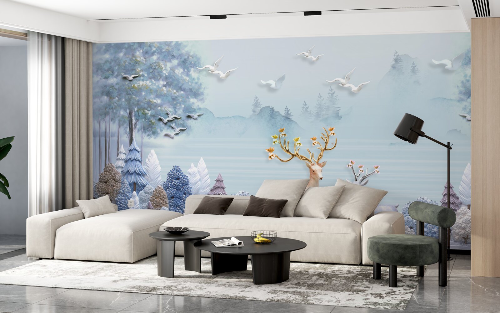 Fotobehang tussen de bomen en de bergen staan de herten in de wei