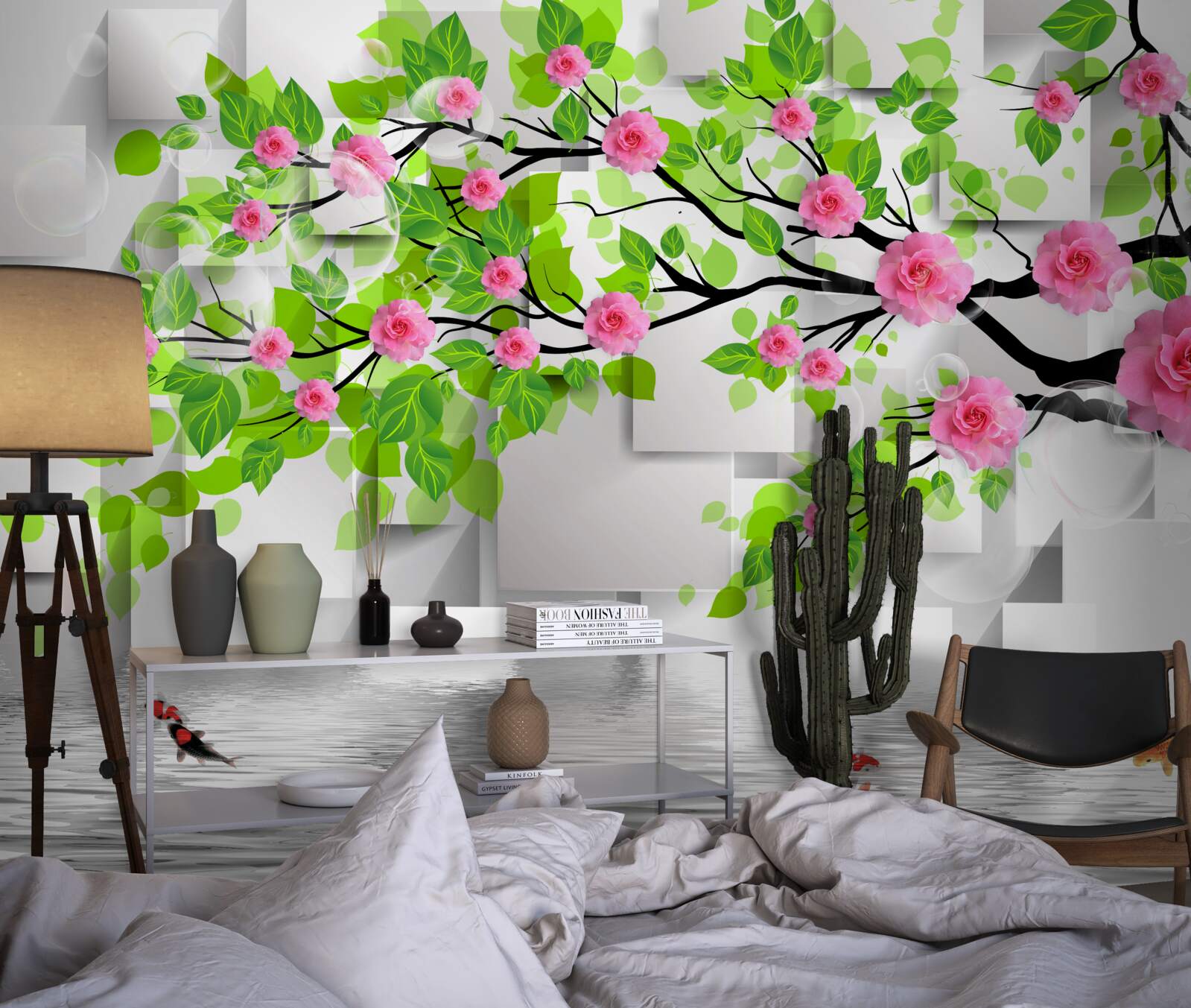 Fotobehang roze rozen bloeiend op een tak