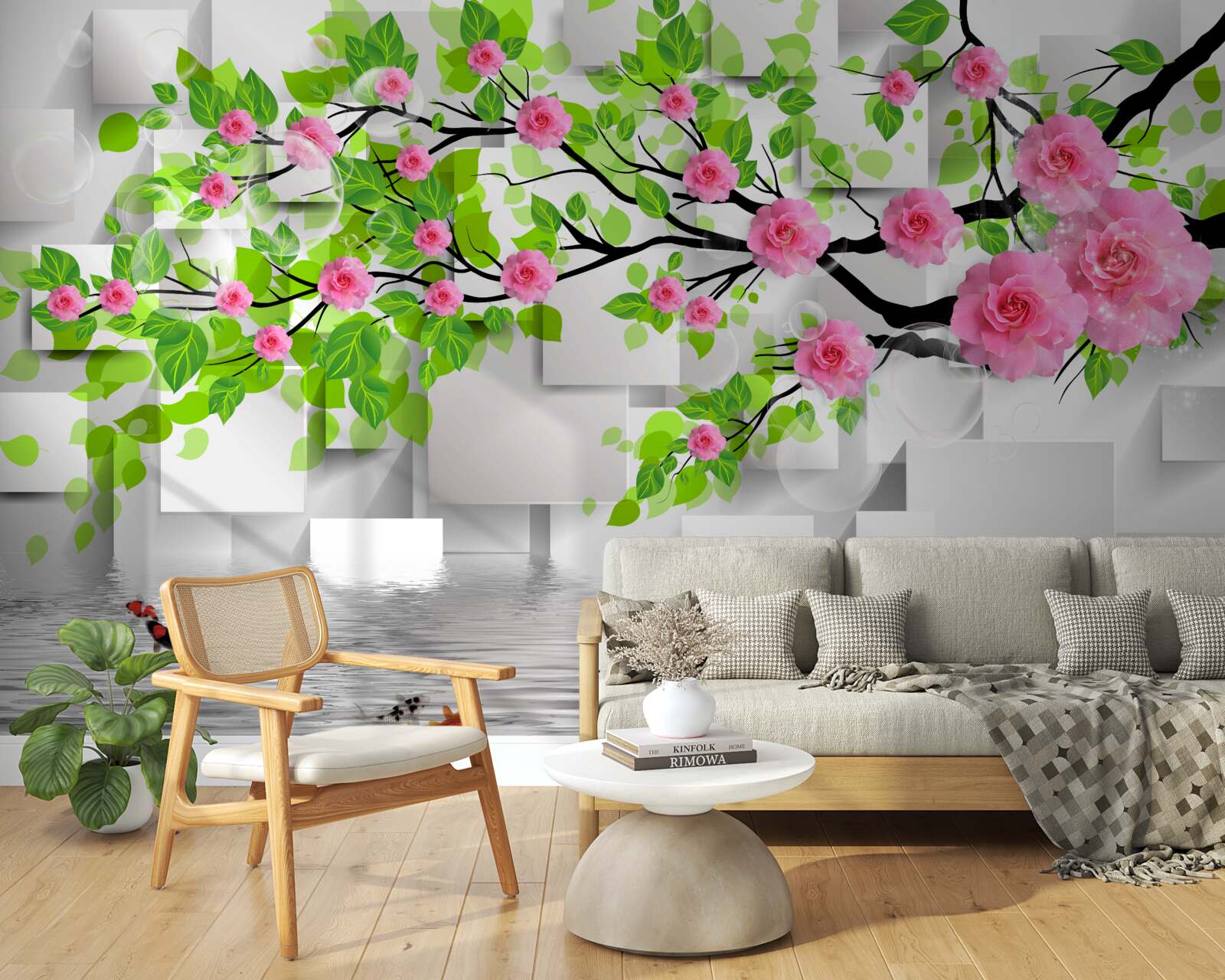 Fotobehang roze rozen bloeiend op een tak