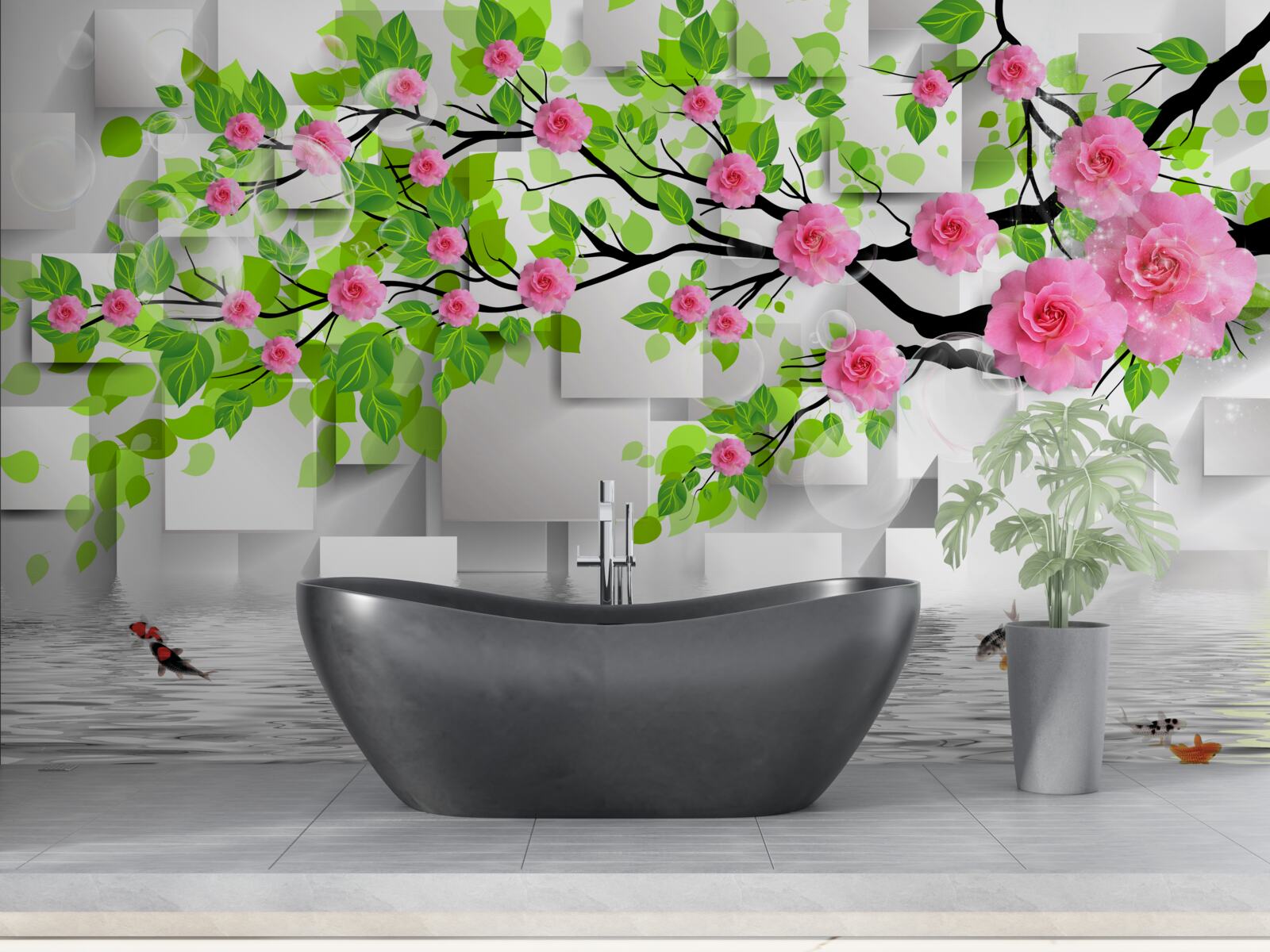 Fotobehang roze rozen bloeiend op een tak