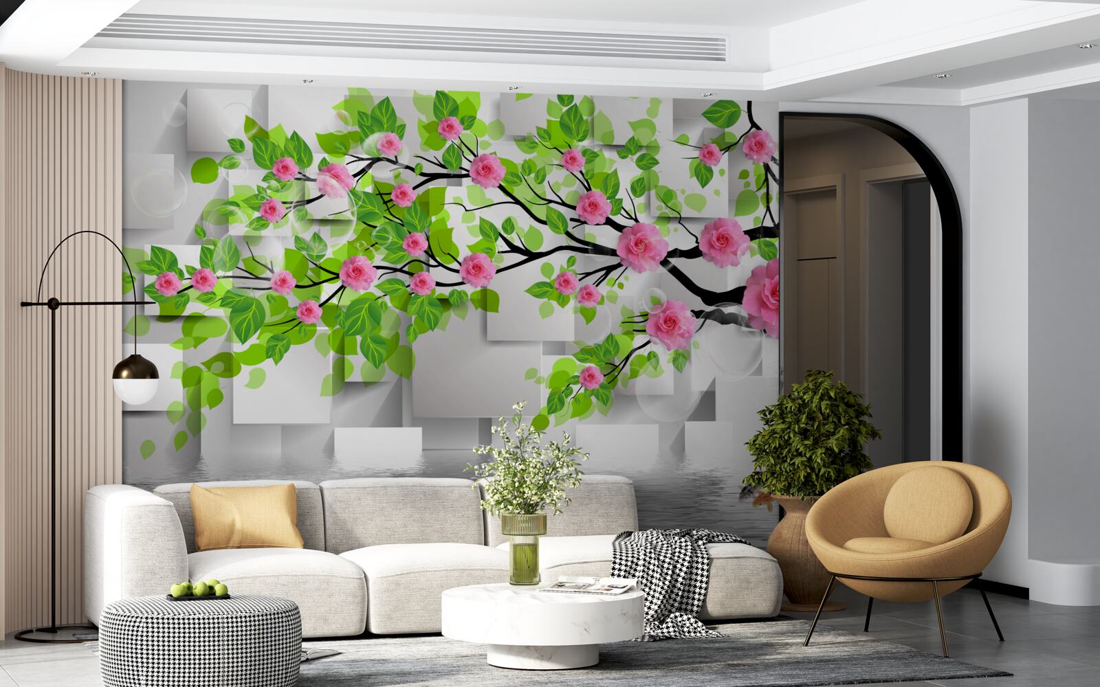 Fotobehang roze rozen bloeiend op een tak